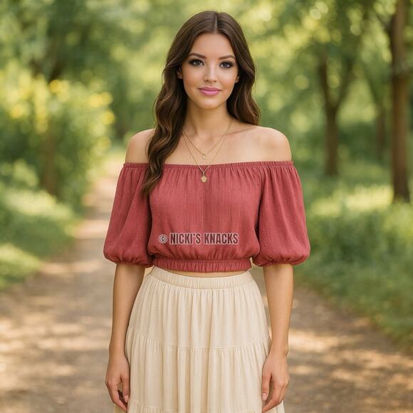 By The River Swiss Dot Off Shoulder Crop Top Rose Pink Metallic Blouse Size L - Picture 1 of 13